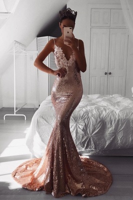Sexy V-Neck Spaghetti-Straps Prom Dress UK | Sequins Mermaid Evening Gowns BA9810_2