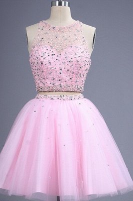 Pink two Pieces Short Prom Dress UK Beadings Tulle Homecoming Dress UK_1