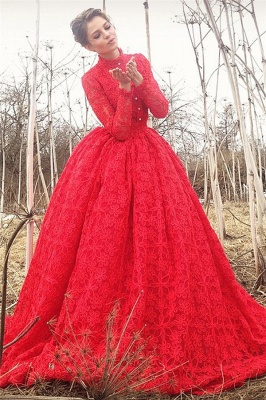 Gorgeous High Neck Lace Prom Dresses Cheap | Online Appliques Red Long Evening Dress UK_1