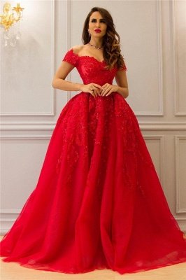 Tulle Lace Off The Shoulder Sexy Prom Dress UK| Sweetheart Red Evening Dress_1