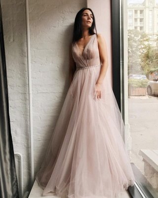 Tulle V-Neck Open Back Formal Dresses UK | Beaded Chains Sexy Evening Dress_4