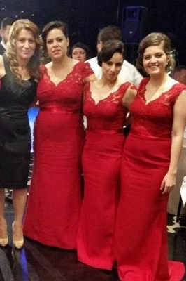 Modern V-neck Red Mermaid Bridesmaid Dress UK With Lace Appliques_2