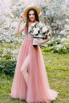 Stylish Tulle Beading Prom Dress UK | Sexy V-Neck Pink Evening Dress Cheap_1