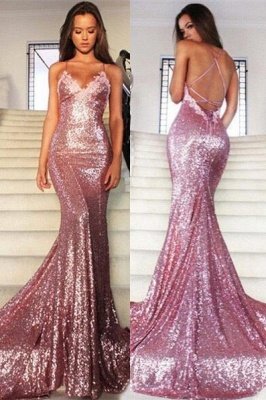Gorgeous Sequins V-Neck Prom Dress UKes UK Mermaid Spaghetti Straps Party Gowns_2