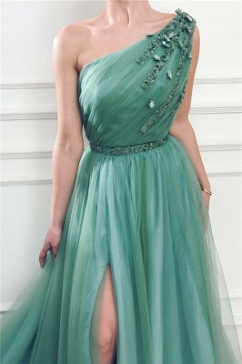Chic One Shoulder Green Tulle Prom Dress with Beads |  Sexy Slit Long Prom Dress with Sash_2