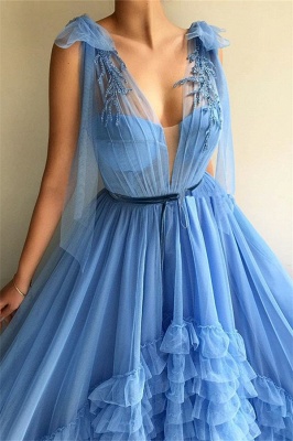 Tulle Deep V-Neck Blue Sexy Evening Dress UK | Cheap Sleeveless Layers Long Prom Dress with Sash_2