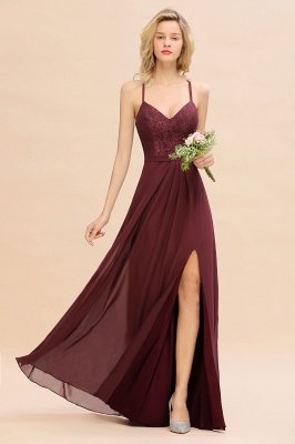 Exquisite Burgindy V-Neck Lace Side Split Long Bridesmaid Dresses