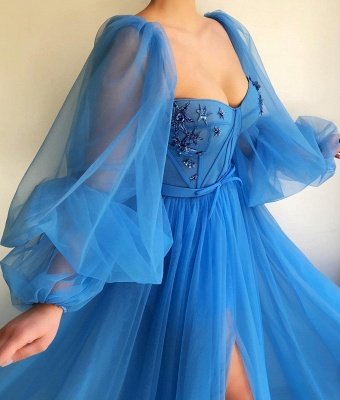 Long Sleeve Sweetheart Sheer Bodice Prom Dress |  Sexy Slit Blue Evening Dress UK Cheap_2
