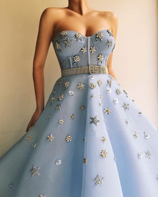 Sexy Strapless Beaded Flowers Prom Dress | Blue Tulle Long  Evening Dress UK with Beadning Sash_3