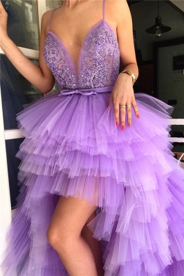 Hi-Lo Deep V-Neck Sleeveless Evening Dress |  Spaghgtti Straps Appliques  Prom Dress UK_2