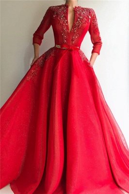 Sparkly Sequins Tulle V-Neck Red Evening Dress UK | Sexy Appliques Long Prom Dress Cheap_1