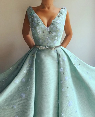Sexy Sequins V-Neck Sleeveless Evening Dress | Flowers Pearls Long Prom Dress with Beaded Sash_2