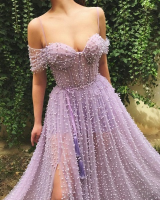 Sexy Tulle Pearls Off the Shoulder Prom Dress |  Sweetheart Sexy Slit Long Affordable Evening Dress UK_2