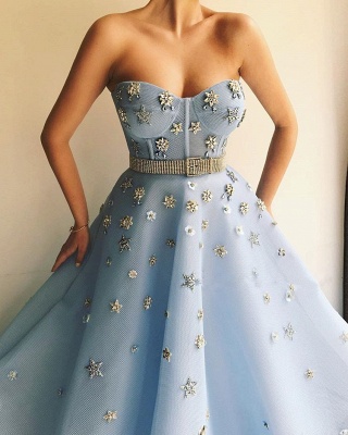 Sexy Strapless Beaded Flowers Prom Dress | Blue Tulle Long  Evening Dress UK with Beadning Sash_2