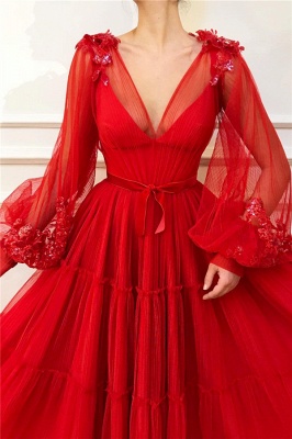 Cheap V-Neck Long Sleeve Red Evening Dress UK| Sexy Ball Gown Appliques Beaded Long Prom Dress_2