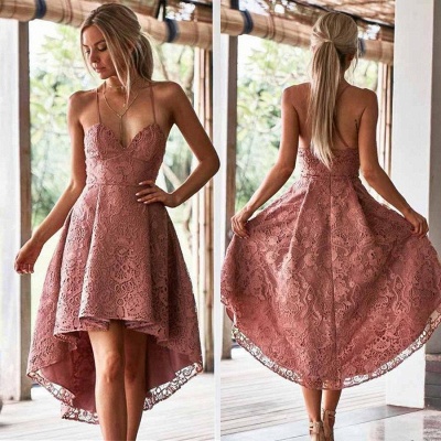 Hi-Lo Lace Spaghetti Straps Formal Dresses | V-Neck Short Evening Dress UK_4