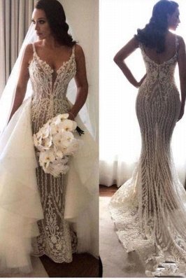 Elegant Spaghetti Straps Sleeveless Sexy Mermaid Appliques Wedding Dress_2