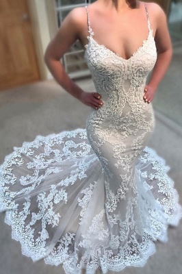Elegant Lace Appliques Wedding Dresses UK | Spaghettis Straps  Sexy Mermaid Bridal Gowns_2