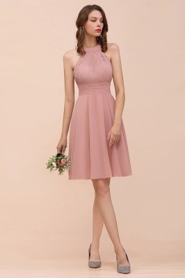 Dusty Pink Short Bridesmaid Dress Ruched Chiffon Halter Knee Length Dress_4
