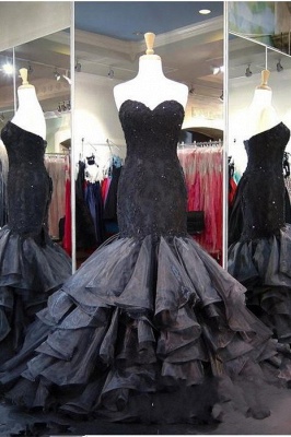 Modern Black Sweetheart Sweep-Train Ruffles Sleeveless Lace-up Evening Gown_1