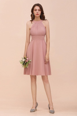 Dusty Pink Short Bridesmaid Dress Ruched Chiffon Halter Knee Length Dress_1