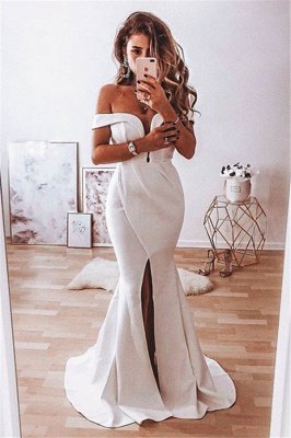 Elegant Off-the-Shoulder Split Front Sexy Mermaid Lace Wedding Dress_1