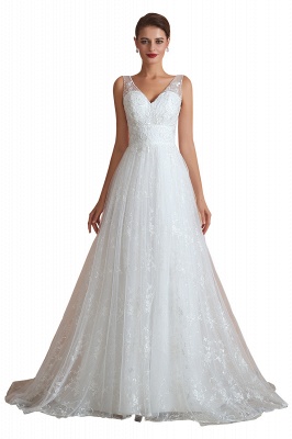Elegant White V-neck Princess Wedding Dress Aline_1