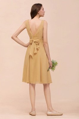 Short Gold Bridesmaid Dress V-neck Sleeveless Chiffon Knee Length Formal Dress_3