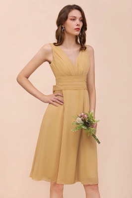 Short Gold Bridesmaid Dress V-neck Sleeveless Chiffon Knee Length Formal Dress_6
