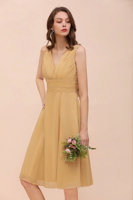 Short Gold Bridesmaid Dress V-neck Sleeveless Chiffon Knee Length Formal Dress_8