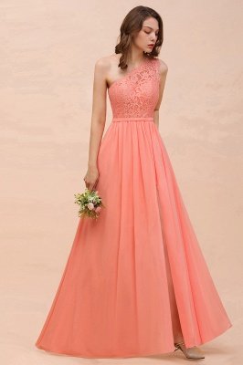 Gorgeous One Shoulder Lace Chiffon Long Bridesmaid Dress Coral Side Split Wedding Guest Dress_4