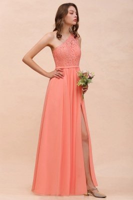 Gorgeous One Shoulder Lace Chiffon Long Bridesmaid Dress Coral Side Split Wedding Guest Dress_5