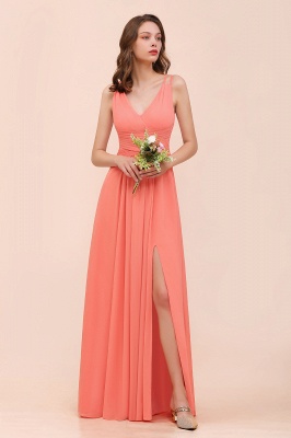 Elegant Coral A-line Side Split Bridesmaid Dress Sleeveless Long Chiffon Wedding Guest Dress_4