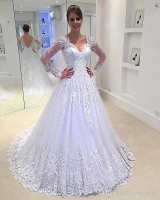 Appliques V-Neck A-Line Long-Sleeves Tulle Beadss Elegant Wedding Dress_1