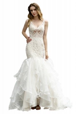 V-Neck Sleeveless Mermaid Bridal Dress Puffy Layers Wedding Dress_5