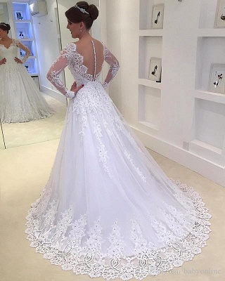 Appliques V-Neck A-Line Long-Sleeves Tulle Beadss Elegant Wedding Dress_3