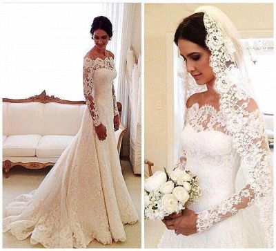 Elegant Long Sleeve Lace Wedding Dress With Long Train And Lace Appliques_4
