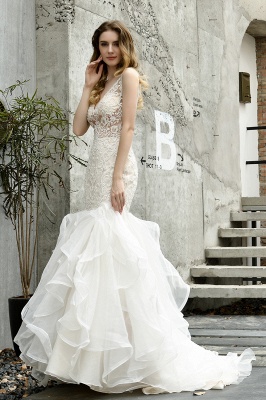 V-Neck Sleeveless Mermaid Bridal Dress Puffy Layers Wedding Dress_7