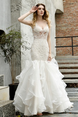 V-Neck Sleeveless Mermaid Bridal Dress Puffy Layers Wedding Dress_13