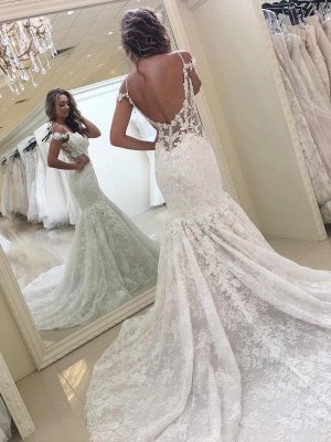 White Mermaid Off-the-shoulder Lace Modern Wedding Dress_1