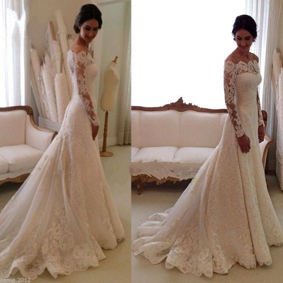 Elegant Long Sleeve Lace Wedding Dress With Long Train And Lace Appliques_3