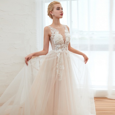 Stylish Scoop Neck  ALine Wedding Dress Sleeveless Tulle Lace Bridal Gown_19