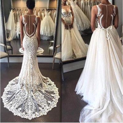 Illusion Detachable-Train Lace Delicate Zipper Sleeveless Wedding Dress bd028_4