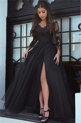 Slit Gorgeous Lace Black Long-Sleeve Evening Dress UK_2