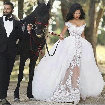 Lace Off-the-Shoulder Gorgeous Sheer Overskirt Detachable Wedding Dresses UK LY36_1