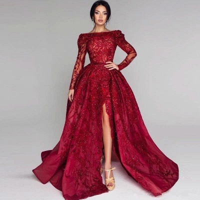 Ball Gown Backless Burgundy Beading Appliques Long Sleeves Formal Dresses_4