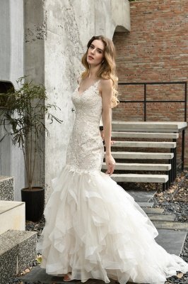 Sweetheart Mermaid Bridal Gown V-Neck Floral Lace Wedding Dress_11