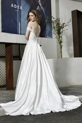Off-the-Shoulder Satin Wedding Dress Aline Floral Lace Bridal Gown_12