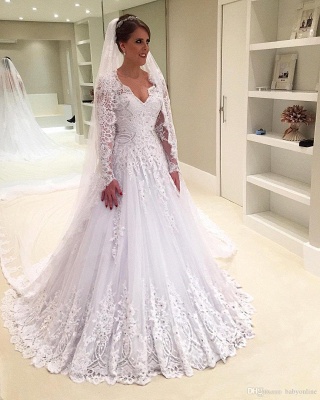 Appliques V-Neck A-Line Long-Sleeves Tulle Beadss Elegant Wedding Dress_2