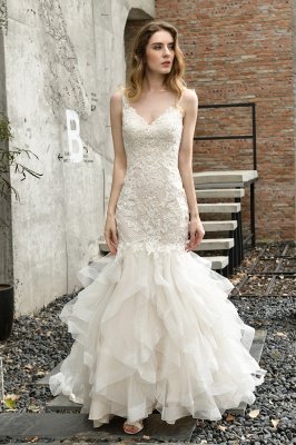 Sweetheart Mermaid Bridal Gown V-Neck Floral Lace Wedding Dress_7